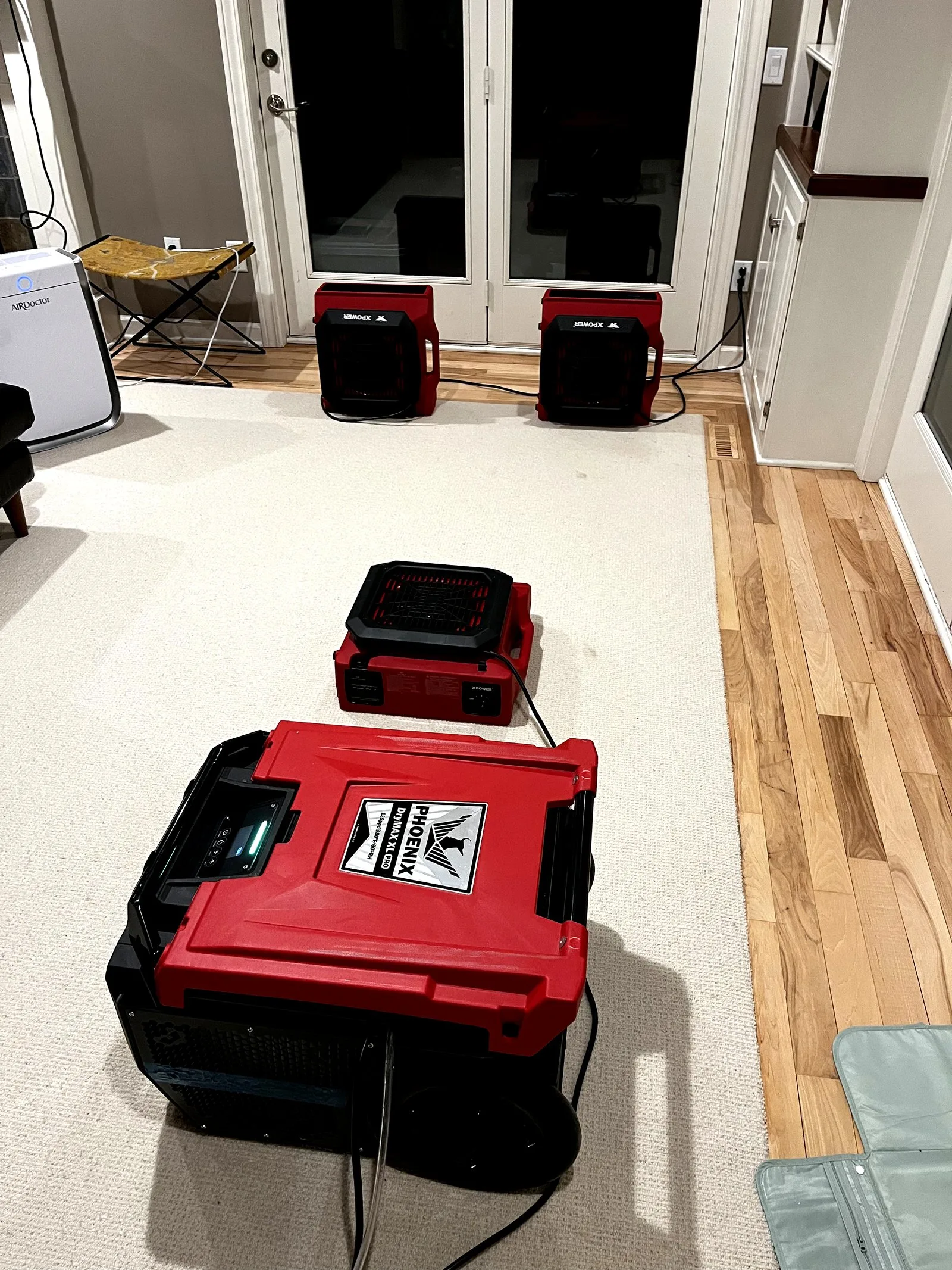 Phoenix Guardian air movers and Dri-Eaz LGR dehumidifier deployed during basement structural drying after a sump pump failure in Grand Rapids MI