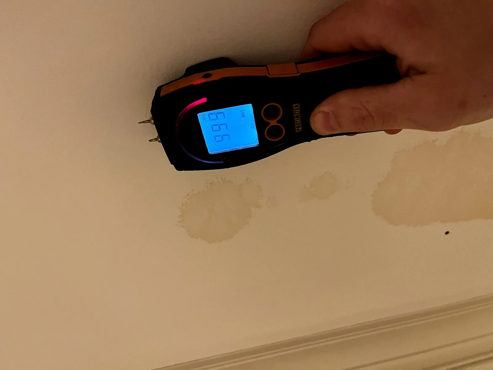 Moisture meter detecting ceiling water damage — Rockford, MI